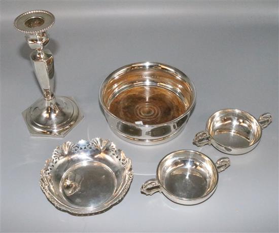 Silver candlesticks, pair sweemeat bowls, dish, coaster